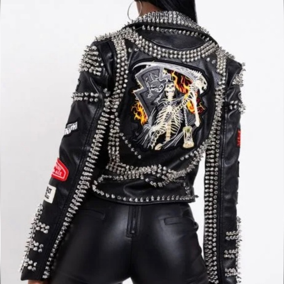 AZALEA WANG ACDC STUDDED PATCHWORK MOTO JACKET - Picture 2 of 5